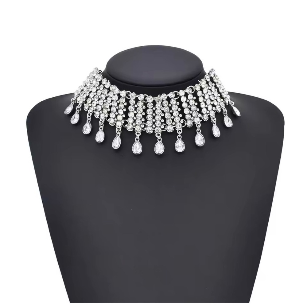 Silver Rhinestone Choker Necklace Teardrop Fringe Statement Bib Crystal Bridal